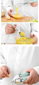 Detailed shots of stainless steel kitchen gadgets showing whisk and garlic press in use