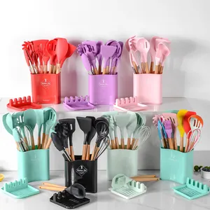Heat Resistant Silicone Kitchen Utensils With Beech Wood Handle Non-Stick Cooking Spatula Spoon Turner Tongs Whisk Scraper Brush Tools With Storage Bucket