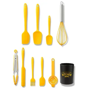 Professional 10-piece yellow silicone kitchen utensil set with storage bucket