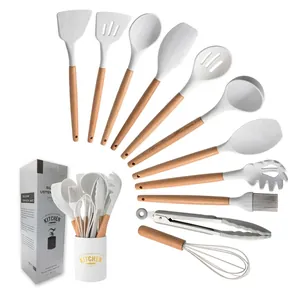 Marble White Wood Handle Silicone Kitchenware Set Non-Stick Heat Resistant Cooking Tools with Storage Bucket Kitchen Accessories