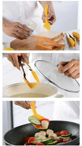 Detailed usage scenarios of yellow silicone spatulas and tongs in a modern kitchen