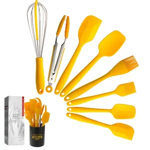 Professional Heat Resistant Silicone Kitchen Utensil Baking Tool Set Yellow Spatula Egg Whisk Food Clip With Storage Tube