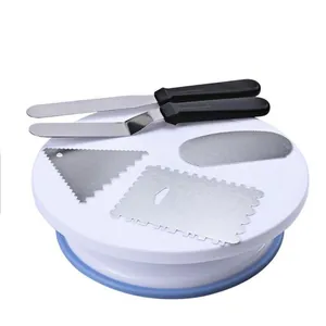 Professional 10-inch rotating cake turntable set with icing spatulas and serrated scrapers