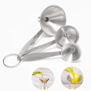 Set of three stainless steel mini funnels with handles and storage ring for kitchen use