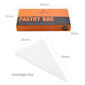 50-piece disposable thickened PE pastry bags with box dimensions and single bag size.