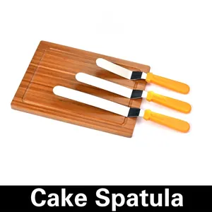 Detail of 6, 8, and 10 inch stainless steel offset spatulas for cake decorating