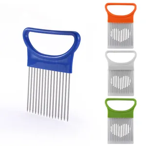 Stainless steel onion slicer and vegetable holder with colorful ergonomic handles
