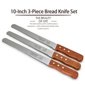 Juego profesional de 3 cuchillos de pan de 10 pulgadas en acero inox y madera