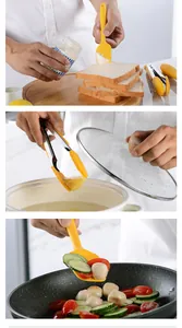 Yellow silicone kitchen utensils shown spreading butter, gripping food, and stir-frying.