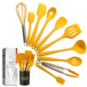 Yellow Silicone Kitchenware Cooking Utensils With Storage Bucket Heat Resistant Non Stick Culinary Tools For Home Kitchen Daily Use