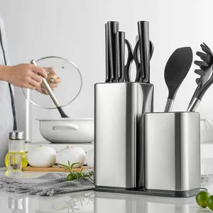 Brushed Stainless Steel Knife Block Holder Kitchen Utensil Organizer Set Modern Countertop Cutlery Drying Rack Storage Box