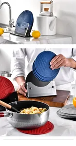 Detail showing round silicone heat insulation mats and transparent storage holder in kitchen.