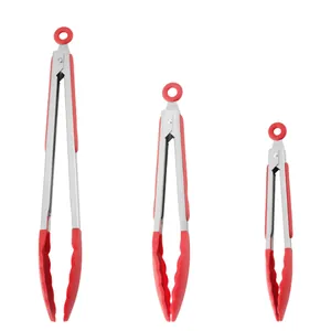 Set of three stainless steel silicone food tongs in 7, 9, and 12 inch sizes