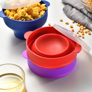 Collapsible silicone popcorn bowl with lid, heat resistant and reusable kitchenware
