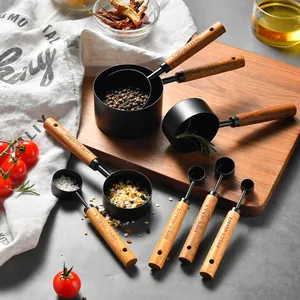304 Stainless Steel Measuring Cups And Spoons Set With Wooden Handle Black Gold Rose Gold Baking Measurement Tools For Kitchen