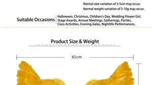Détail rapproché d'ailes en plumes jaunes de cosplay pour enfants, largeur de 65 cm