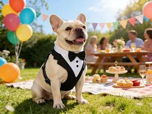 Französische Bulldogge im formellen Hunde-Tuxedo-Geschirr bei einer Gartenparty