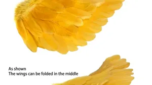 Vue détaillée des ailes en plumes jaunes montrant la section centrale pliable.