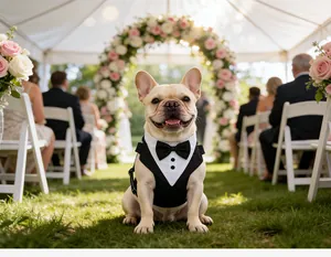 Französische Bulldogge trägt ein Smoking-Geschirr bei einer Hochzeit im Freien