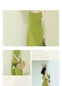 Close-up detail of a French style lime green slip dress with pearl straps and knit shrug