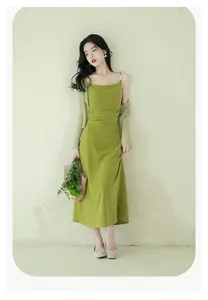 Elegant French green slip dress with pearl straps and matching light knit cardigan