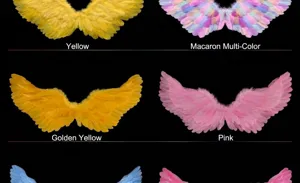 Détail montrant une variété d'ailes d'ange en plumes colorées pour cosplay d'enfants