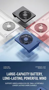 Display of four ultra-thin portable desktop fans in multiple colors on glass surface