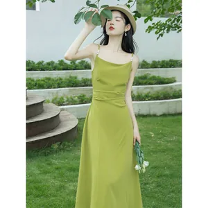 Elegant French style lime green camisole dress with pearl strap details