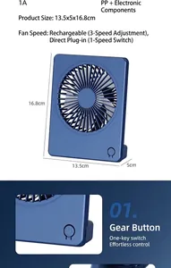 Detailed view of blue portable card fan with dimensions and 3-speed power button