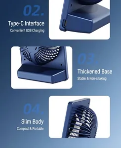 Detail views of portable card fan featuring Type-C charging port and slim stable design