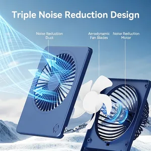 Detailed exploded view of portable USB card fan showing triple noise reduction design