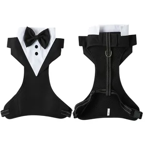 Detaillierte Vorder- und Rückansicht eines formalen Hunde-Tuxedo-Geschirrs mit Fliege