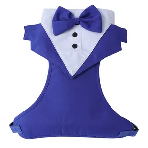 Elegante königsblaue Haustier-Tuxedo-Geschirr-Weste mit weißem Kragen, Fliege und Knöpfen