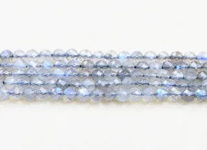 Macro shot of faceted grey labradorite beads with shimmering blue fire for DIY crafts.