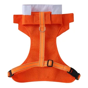 Detailansicht eines orangefarbenen Haustier-Smoking-Geschirrs mit Reflektorstreifen.
