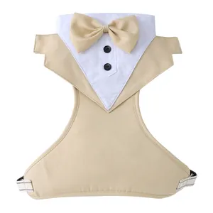 Detailansicht eines formellen Haustier-Smoking-Geschirrs mit beige Schleife und Knöpfen