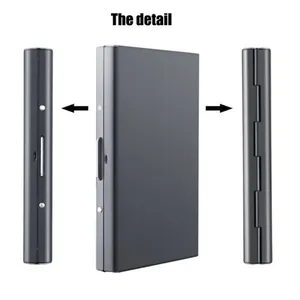 Detailed view of the slim stainless steel RFID card holder with brushed metal finish.