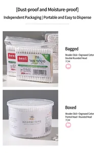 Comparaison détaillée de cotons-tiges en bois en sachet et en boîte avec têtes variées