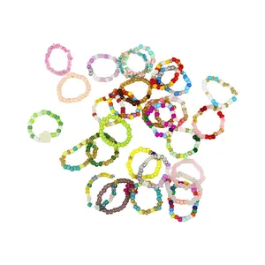 Colorful handmade rice bead rings set with bohemian and flower designs for women