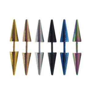 Six pairs of stainless steel double spike barbell earrings in various metallic finishes