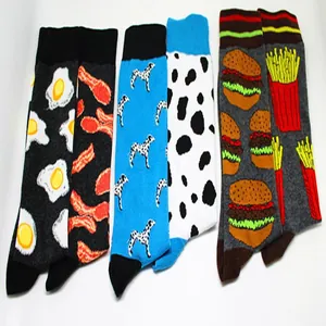 Collection of creative patterned mid-calf socks with burger fries and dog prints