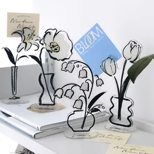 Acrylic Flower Desk Stand Memo Clip Standing Card Holder Desktop Ornament Minimalist Tulip Rose Lily Decorative Standing Card