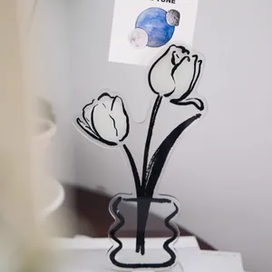 Minimalist black line art acrylic tulip flower memo clip and decorative desk stand