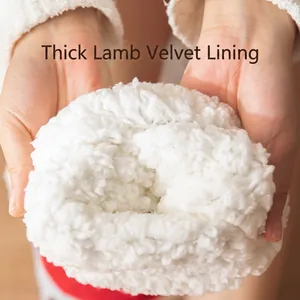 Close-up view of thick white lamb wool lining inside warm non-slip Christmas floor socks