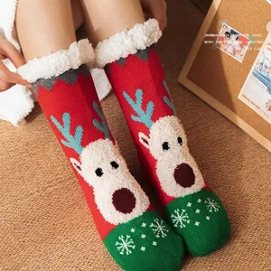 Cozy red Christmas reindeer floor socks with thick white fleece lining and non-slip sole