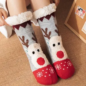 Thick sherpa lined Christmas floor socks with cute reindeer and snowflake pattern