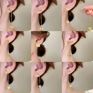Stainless Steel Tassel Dangle Earrings For Women Gold Matte Butterfly Heart Flower Star Zirconia Drop Earrings Jewelry