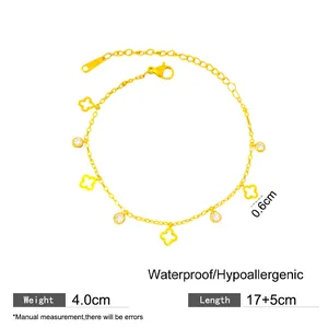 Elegant 18K gold plated titanium steel bracelet with clover charms and sparkling zircons