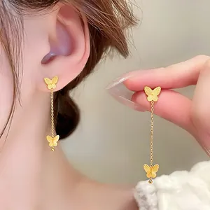 Elegant minimalist frosted gold butterfly tassel drop earrings for women jewelry accessories