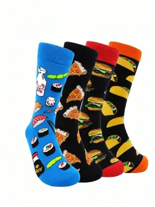 Vibrant mid-calf socks featuring colorful burger, pizza, taco, and sushi patterns.